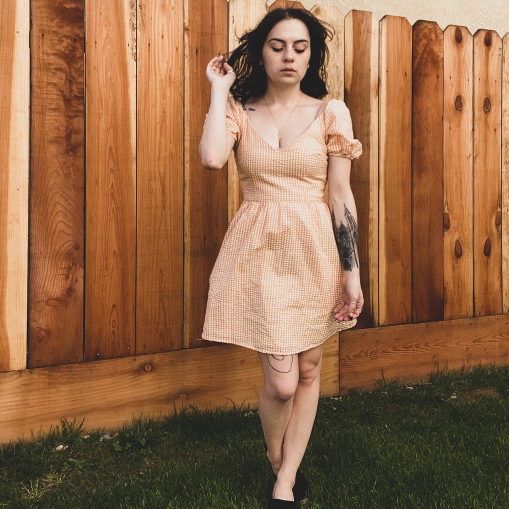 Yellow plaid dress.
